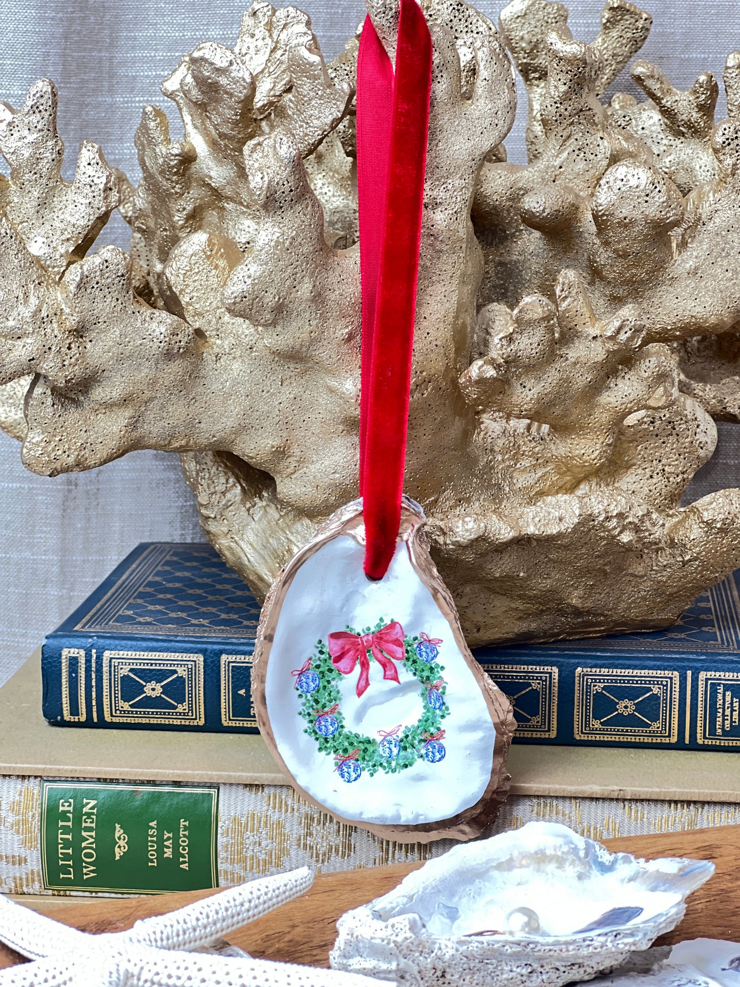 Grand Millennial Christmas Wreath Oyster Ornament