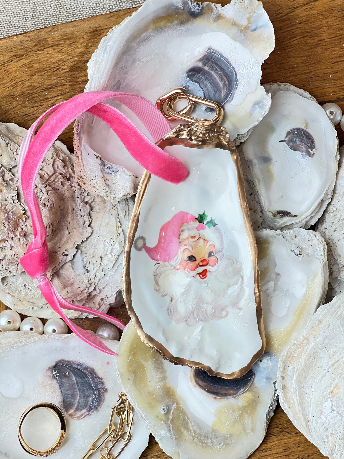 Pink Retro Santa Oyster Ornament