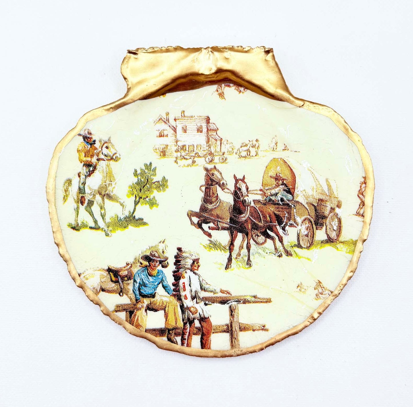 Decorative shell with a painted scene of people , cowboys, and Indians and a horse-drawn carriage on a white background