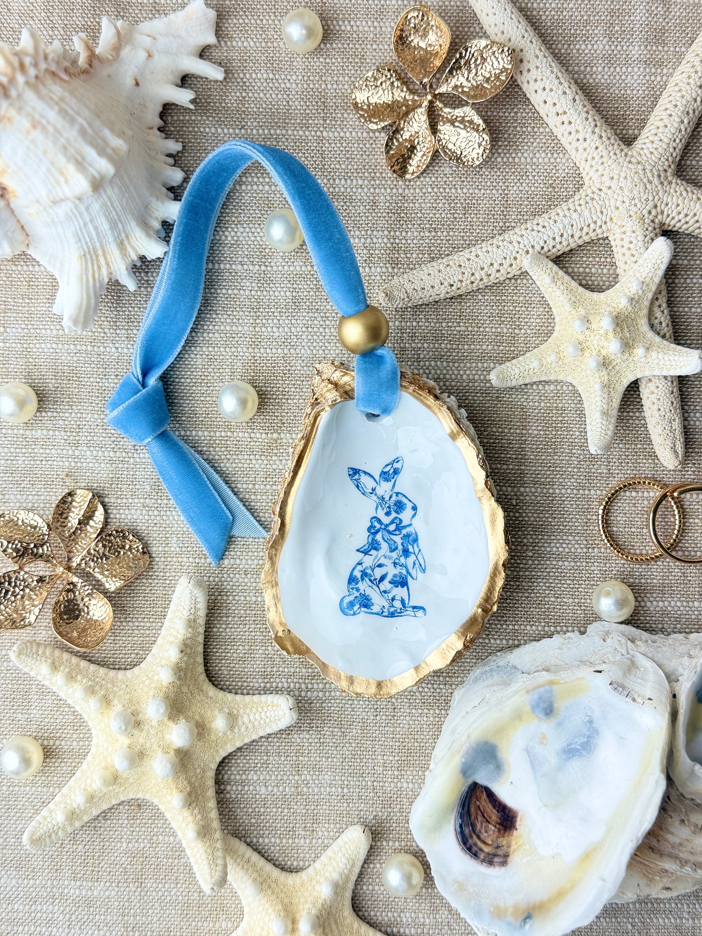 Blue Chinoiserie Bunny Oyster Ornament